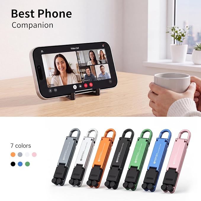 Portable Foldable Pocket Phone Stand with Keychain for Desk Travel(Black) | Mini aluminum, adjustable kickstand, lightweight metal, slim compact for office, plane