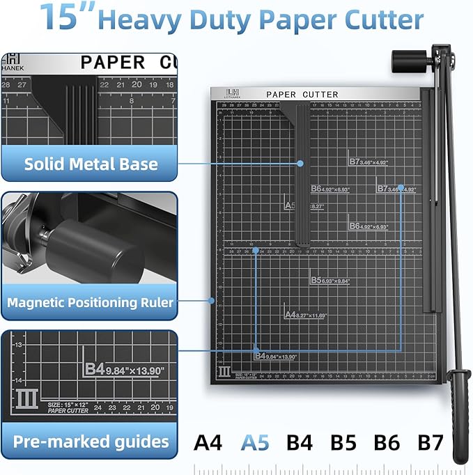 15 inch Guillotine Paper Cutter, LOTHANEK Heavy Duty Metal Base Cutting Machine B4 A4 Paper Trimmer with Guide Ruler, Cutting 15 Sheets for Commercial Home Office (Black)