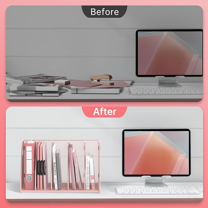Binder Organizer, Magazine File Holder with 5 Vertical Rack, Pink | Metal Desk File Organizer & Binder Holders, Magazine Organizers for Office Desktop, Home, School, Classroom