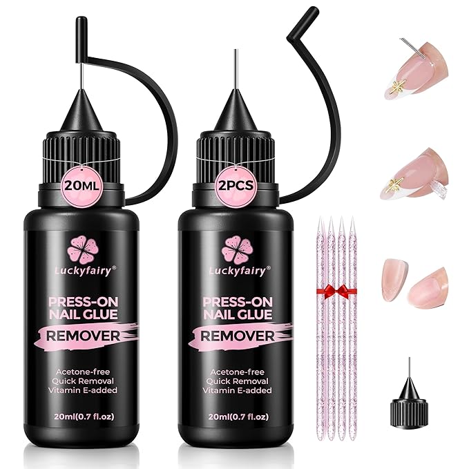 Pinpoint Press On Nail Remover: 2PCS 20ml Non-Acetone Nail Glue Remover with Cuticle Pusher, Multi-Functional Remover for Nails Tips, Gentle Nail Polish Remover with Upgraded Quick Easy Removal