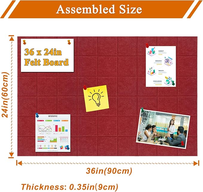 Large Square Felt Cork Board Tiles, Self Adhesive DIY Felt Bulletin Board Pin Board with 35 Pushpins for Office School Home Wall Decor Stickers Memos Photos Display (Red)