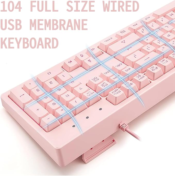 Basaltech Pink Wired Keyboard with White LED Backlit | Full Size 104 Key USB Gaming Keyboard,Quiet Creamy Typing and Double Shot Keycaps Light Up Keyboard for PC, Mac, Laptop