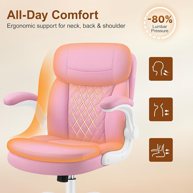 Leather Office Chair, Upgraded PU Computer Desk Chairs with Double-Layer Seat Cushion and Neckrest, 360°Swivel, Ergonomic Small Gaming Chair with Wheels and Adjustable Armrests for Short People, Pink