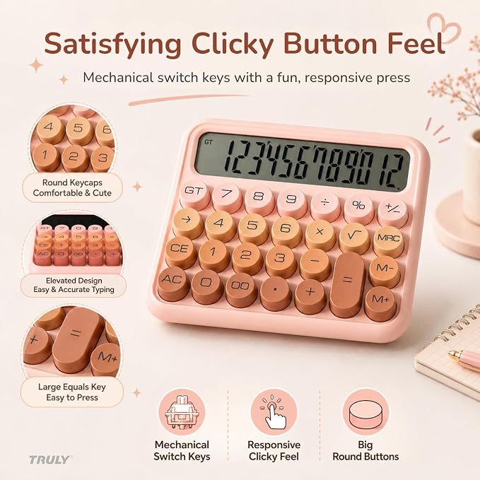 TRULY Mechanical Switch Calculator, Cream Pink Cute Retro 12-Digit Desktop Calculator with Satisfying Clicky Keys, Large Angled Display, Big Round Buttons for Office, School, Home & Gifting