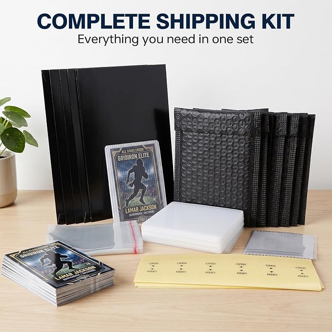 Trading Card Shipping Kit with Bubble Mailers, Kraft Envelopes and Sleeves | Includes card shipping protectors, clear bags and tape seals for layered protection, fast packing and everyday card shipping.