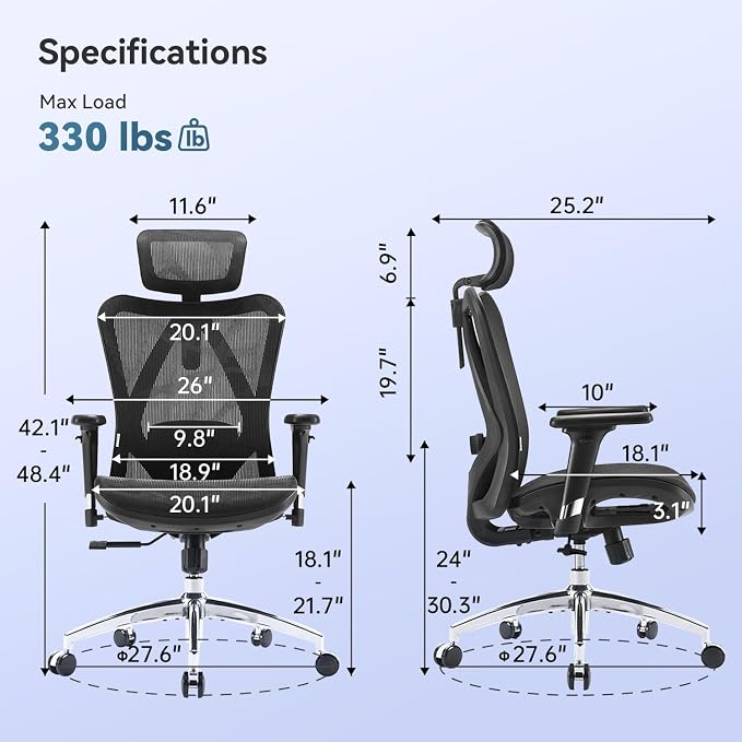 SIHOO M57 Ergonomic Office Chair, Mesh Back Desk Chair with 3D Armrests | Adjustable Headrest & Lumbar Support, Comfortable Computer Chair, Hold 330 LBS, Home Office - Black