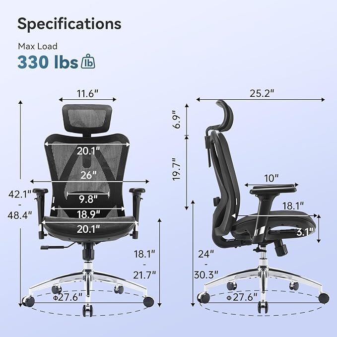 SIHOO M57 Ergonomic Office Chair, Mesh Back Desk Chair with 3D Armrests | Lumbar Support & Adjustable Headrest, Comfortable Computer Chair, Office Chair Hold 330 LBS, Home Office - Black