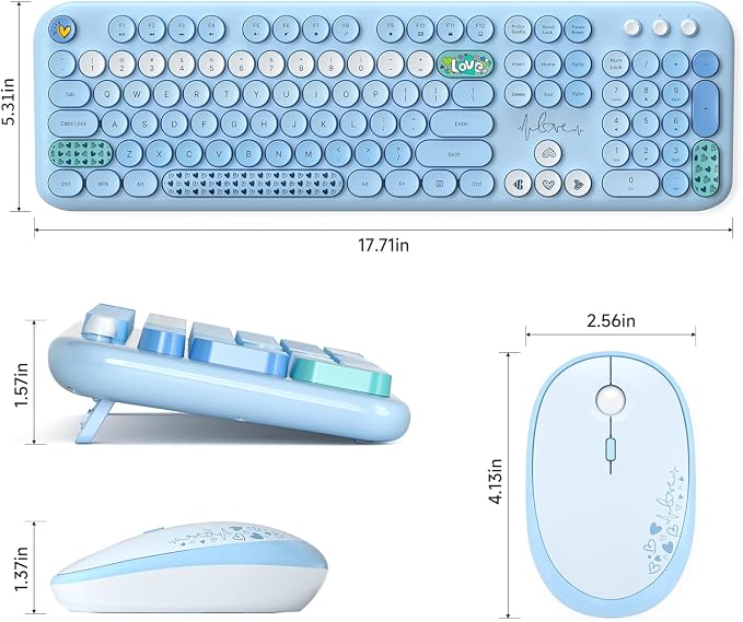MOFII Wireless Keyboard and Mouse Combo, Cute Retro Typewriter Keyboard and Silent Mouse, 2.4GHz Full Size Computer Keyboard Wireless Mouse Set for PC, Laptop, Desktop, Windows (Blue Colorful)