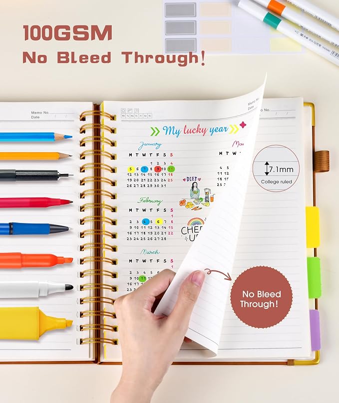 Hardcover Spiral Notebook Journal with Removable Dividers Tabs, 300 Pages Leather 5 Subject Notebook College Ruled, 8"x10" Large B5 Notebooks for Work School, Lined Journal for Women, Light Brown