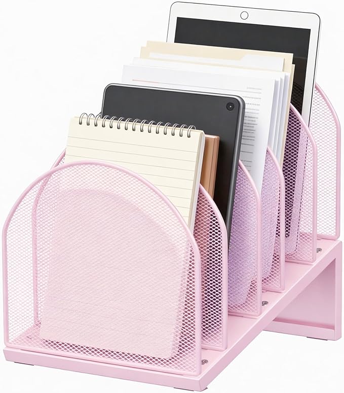 gianotter Desktop File Organizer with 5 Compartments | Desk Organizer Paper Organizer for Desk Workspace Organizers for Office Supplies (Pink, Inclined Style)