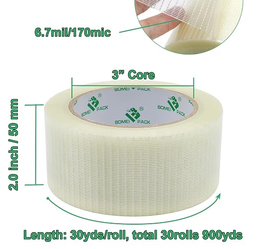 BOMEI PACK 30Rolls Reinforced Packing Tape, Bi Directional Filament Strapping Tape 2 inch x 30yds x 6.7Mil