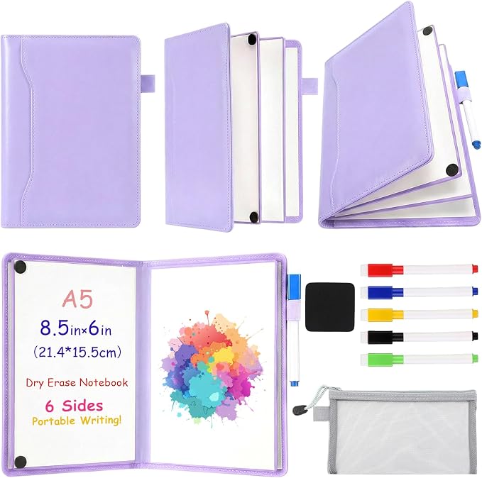 Feifeiya 6 Sides Dry Erase Notebook, Purple, A5 6" X 8.5" | Portable Reusable Whiteboard Notepad 6 Side Foldable Dry Erase White Board for Planner Office Study Business Meeting Supplies
