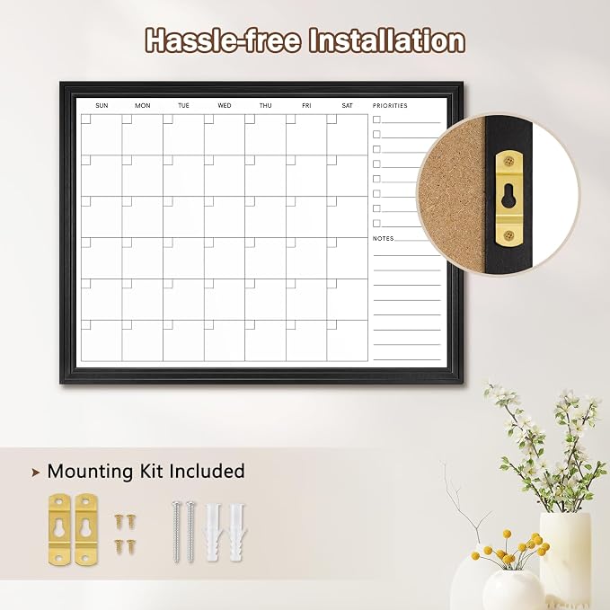 DOLLAR BOSS Magnetic WhiteBoard Calendar, 36x24 in, Dry Erase Board, Black | Monthly Dry Erase Planner for Wall with White Wood Style Frame for Office, School, Dorm, Home Decor