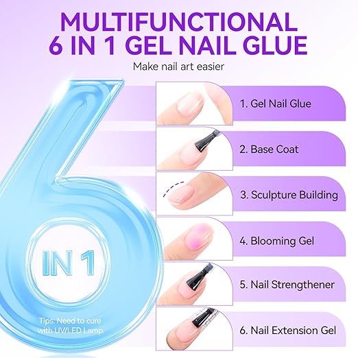 Gelike EC UV Nail Glue Gel: 32ML 6 in 1 Strong Glue Nail for Extension Home DIY Clear UV Cure Adhesive for Acrylic Nails & Press On Nails Tips 12 Toxic-Free (Pack of 2)