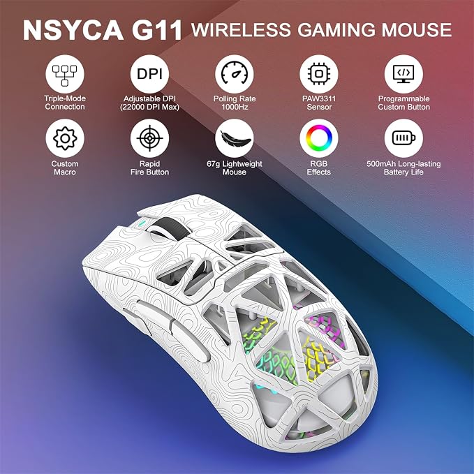 G11 RGB Wireless Gaming Mouse for Gaming Setup & Multi-Device Use, Tri-Mode Bluetooth 5.1/2.4GHz/USB-C, 22000 DPI Lightweight Programmable Mouse for PC, Laptop & Mac