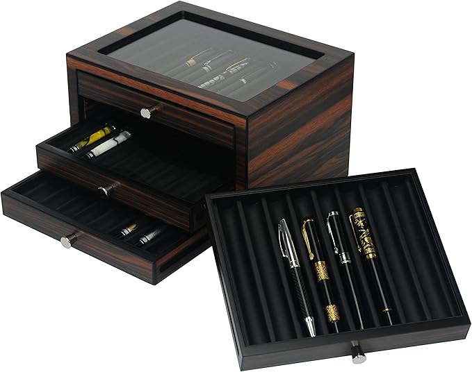 Stackable Wooden Display Case with Drawer – Slot Ebony Pen Cabinet, Luxury Fountain Pen Storage Box with Glass Window for Collection (4)
