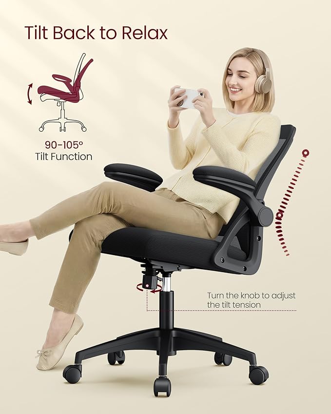 VASAGLE Ergonomic Mesh Office Chairs with Adjustable Lumbar Support, 90-105° Tilt Function, Wide Seat, Flip‑Up Armrests, Computer Desk Chairs for Home Office, Set of 2, Ink Black