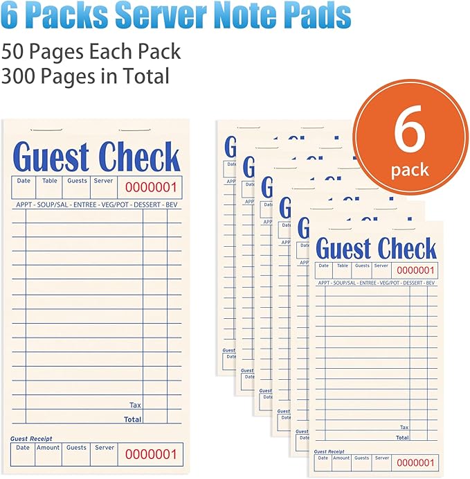 Guest Checks Books for Servers, Server Note Pads, 6 Pack, Natural Color Paper, Waitress Notepad for Restaurants, Waitress Accessories, 300 Sheets, Blue