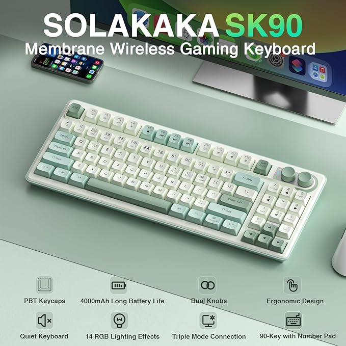 SOLAKAKA SK90-75% Wireless Keyboard, Cute Creamy Gaming Keyboard with Number Pad, Tri-Mode BT5.0/2.4G/USB-C, Media Knob, RGB Backlit, Quiet Keys Silent Office Keyboards for PC MAC