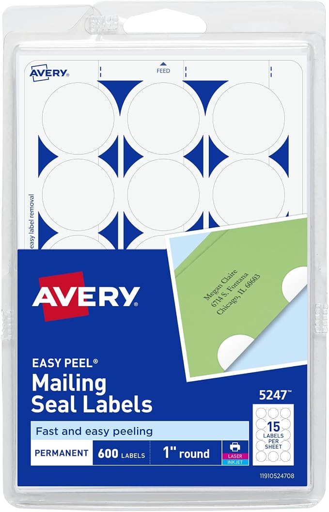 Avery Mailing Seals, 1" Round Labels, White, 600 Printable Mailing Labels (05247)