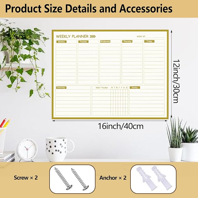 Gold Weekly Dry Erase Board for Wall,12"x16",Gold Metal Frame Weekly Planner Whiteboard for to Do List, Memo, School, Home, Office, Kitchen-GZ