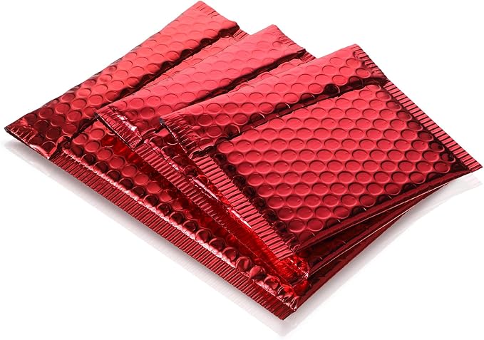 50 Pieces Bubble Mailers 3 Sizes Self Seal Adhesive Poly Mailers Metallic Foil Glitter Padded Shipping Bubble Envelopes for Valentine Mailing Packing Small Business(Red)