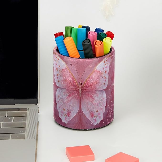 Leather Pen Holder for Desk, Pink Butterfly Pencil Cup Pen Organizer Makeup Brush Holder for Office Home Kids Countertop Desk Accessory Storage