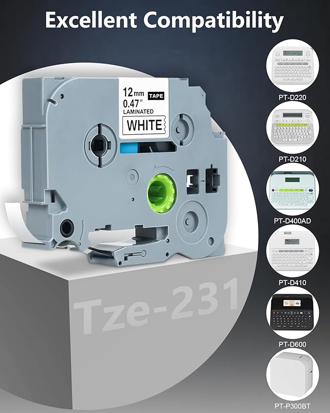 6-Pack Replace for Brother Label Maker Tape TZe TZ 12mm 0.47 Laminated White Tape TZe-231 Compatible with P-Touch 1/2" Black on White TZE231 for PT-D220 D210 H110 D200 D400 1280 D610BT Ptouch Refills
