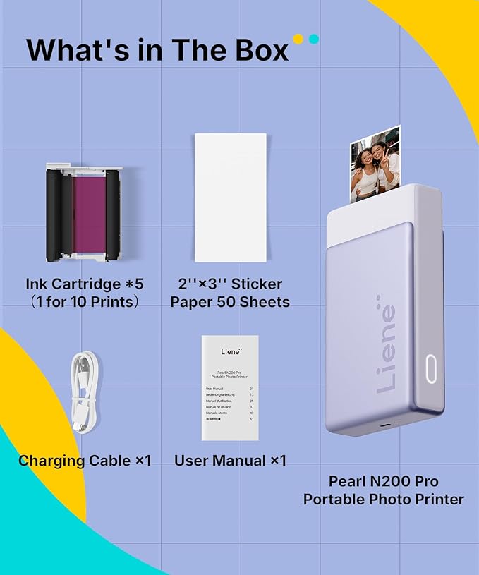 Liene Pearl N200 Pro Portable AI Photo Printer, Instant Mini Picture Printer for iPhone Smartphone, Thermal Dye Sublimation Bluetooth Sticker Maker 50 Sheets 2x3 Adhesive Paper & 5 Cartridges, Purple