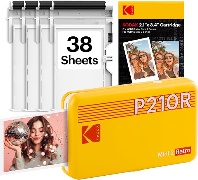 KODAK Mini 2 Retro 2x3 Portable Photo Printer, 38 Sheets, Bluetooth Smartphone Printer for iPhone & Android, Instant Color Prints, 4PASS Dye Sublimation, Yellow