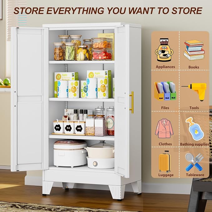 47" White Metal Storage Cabinet with 2 Doors and 3 Adjustable Shelves,Steel Garage Tool Cabinet, File Cabinet,Kitchen Pantry Cabinet for Home,Office,Garage,School,Warehouse