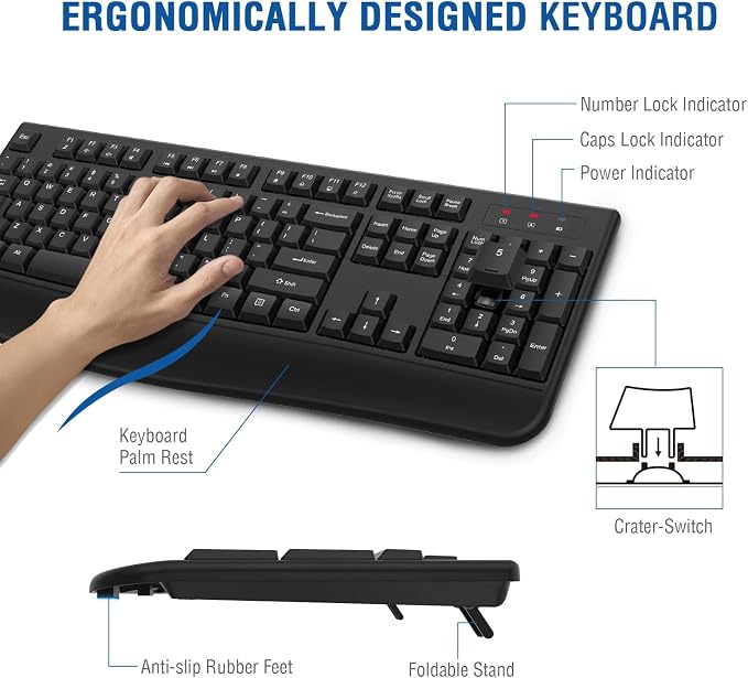 Wireless Keyboard and Mouse Combo, EDJO 2.4G Full-Sized Ergonomic Computer Keyboard with Wrist Rest and 3 Level DPI Adjustable Wireless Mouse for Windows, Mac OS Desktop/Laptop/PC(2 Pack)