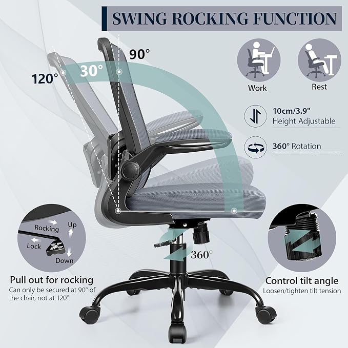 FelixKing Office Chair, Ergonomic Comfy Desk Chair with Flip-up Armrests | Adjustable Height, 360°Swivel, Flexible Tilt, Breathable Cushion and Fabric, Lumbar Support for Home Office, Dark Grey
