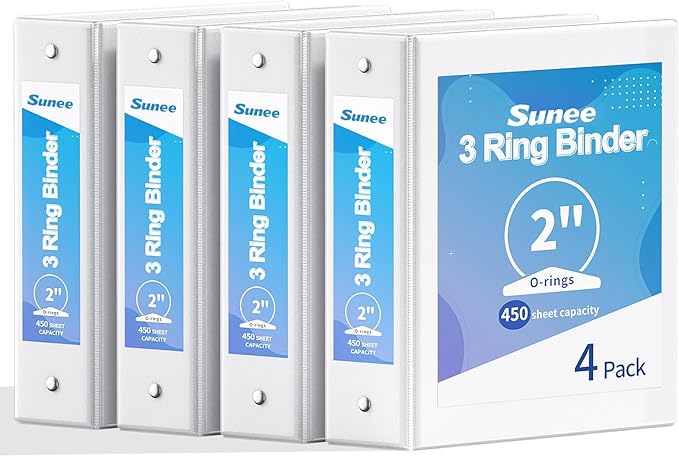 SUNEE 2 Inch Binders 3 Ring 4 Pack, PVC-Free Clear View 2" Binders (Fits 8.5x11 Inches) for School, Office & Home Use, White