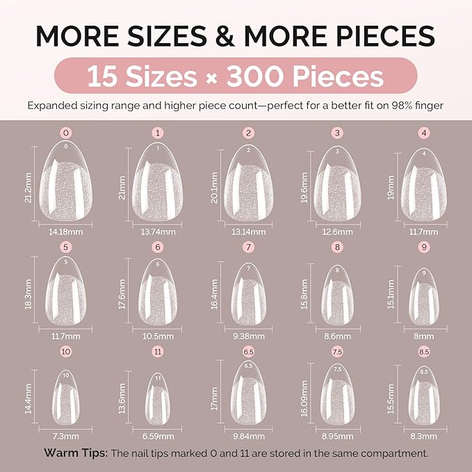 MelodySusie Short Almond X Nail Tips - 300Pcs 15 Sizes Clear Acrylic,Half Matte Full Cover Press on Nails for DIY Extension & Salon Use,Pre-Shaped for Long-Lasting Manicure