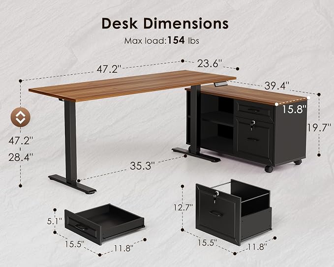 48" L Shaped Electric Standing Desk with Cabinet Sets, Walnut/Black | Mobile Drawers & File Cabinet Sets for Flexible Layout, Height Adjustable Executive Stand Up Desk for Home Office Workstation