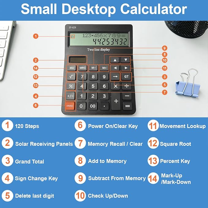 Calculators Desktop,Solar Desk Calculator with Large 2 Line Display, Basic Calculator with Big Button, 4 Function Calculator for Business, Students, Office Supplies (Black)