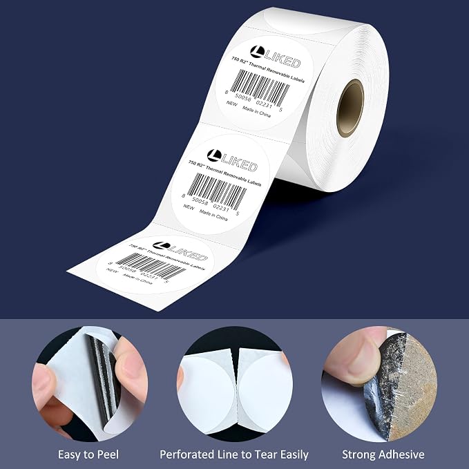 L LIKED 2" Round Direct Thermal Labels 7500 Permanent Adhesive Labels | 10 Rolls, 750 Labels/Roll, BPA Free, Block Old Information, Perforated, Compatible with Most Desktop Printers