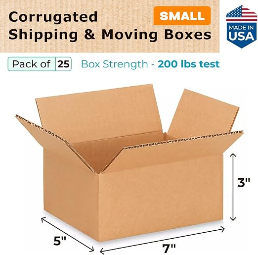 Small Moving & Shipping Boxes 7"L x 5"W x 3"H (25-Pack) - Extra Strength 200 lb vs Regular - Corrugated Packing Boxes for Moving - Durable Moving Box - Box for Packaging by IDL Packaging | Extra Strength 200 lb vs Regular - Corrugated Packing Boxes for...