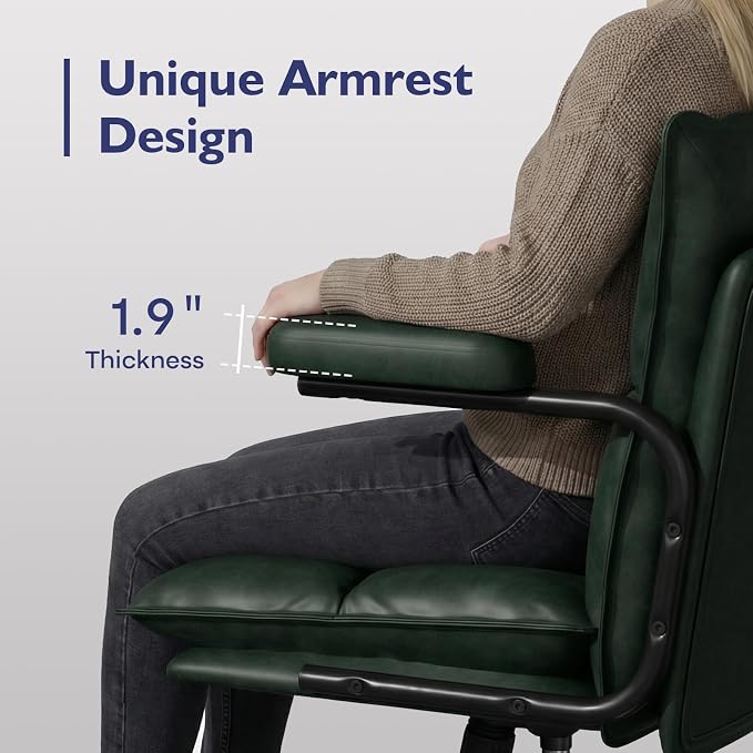 Mid Century Modern Desk Chair, Vintage Leather Office Chair, Green | Petite Computer Chair for Small to Medium Women, Thickened Back, Cozy Seat, Adjustable Height for Home
