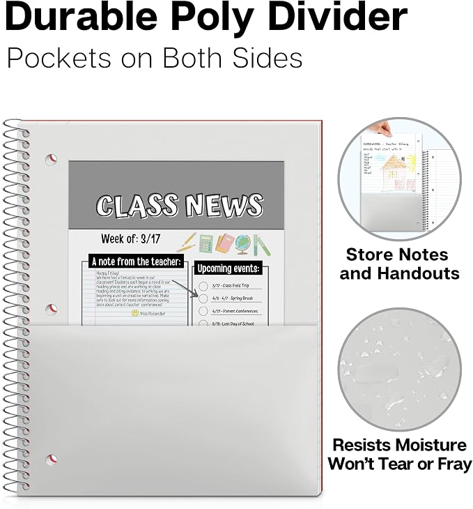 Dunwell 1 Subject Spiral Notebook (Red), Plastic Cover, 100 Sheets (200 Pages) 8x10.5 Paper, Wide Ruled for Easy Writing, 3-Hole Punched Perforated Pages, Poly Pocket Dividers | 100 Sheets (200 Pages), Wide Ruled Paper, Poly Pocket Dividers, 3-Hole Pun...
