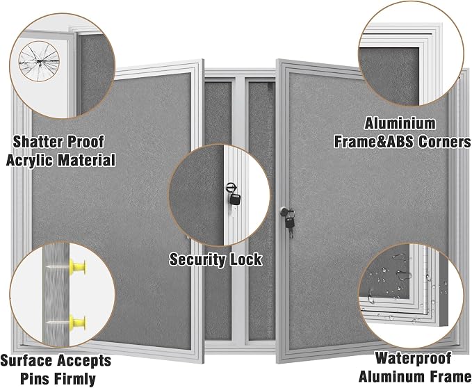 Mifuro 48"x30" Enclosed Bulletin Board, Outdoor Lockable Weather-Resistant Aluminum Cork Noticeboard for School & Office, Silver Frame w/Grey Flet