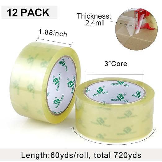 BOMEI PACK 12Rolls Clear Yellowish Packing Tape Refills, 2.4 Mil 1.88 Inch x 60 Yards, Packaging Tape with Dispenser for Moving, Shipping and Storage