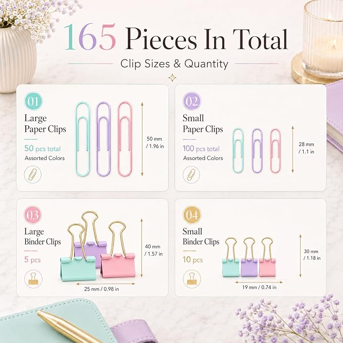 Paper Clips and Binder Clips Set, Pastel Color, Assorted Size Clip | 165-Piece Decorative Paper Clip Set, Cute Desk Accessories for School, Home, Office, Desk, Planners and Documents