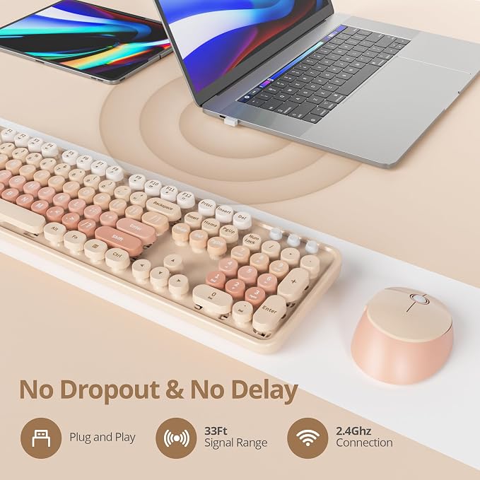 Wireless Keyboard and Mouse Set, Retro Typewriter Keyboard Brown | 1600DPI Full Size With Number Pad & Mouse,Compatible With All Windows,Ideal For Computer, PC, Notebook, Laptop