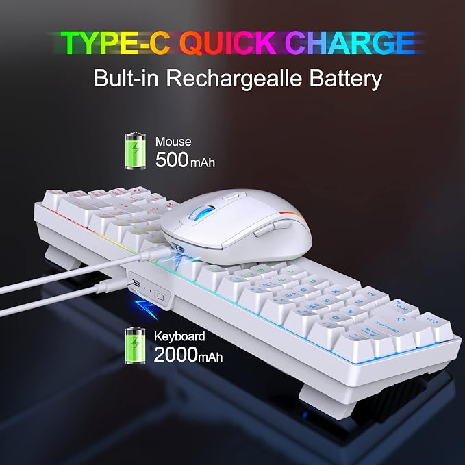 Snpurdiri 60% Wireless Gaming Keyboard and Mouse Combo, White | LED Backlit Rechargeable 2000mAh Battery,Mini Gaming Anti-ghosting Keyboard +Popular RGB Gaming Mice for PC Gamer