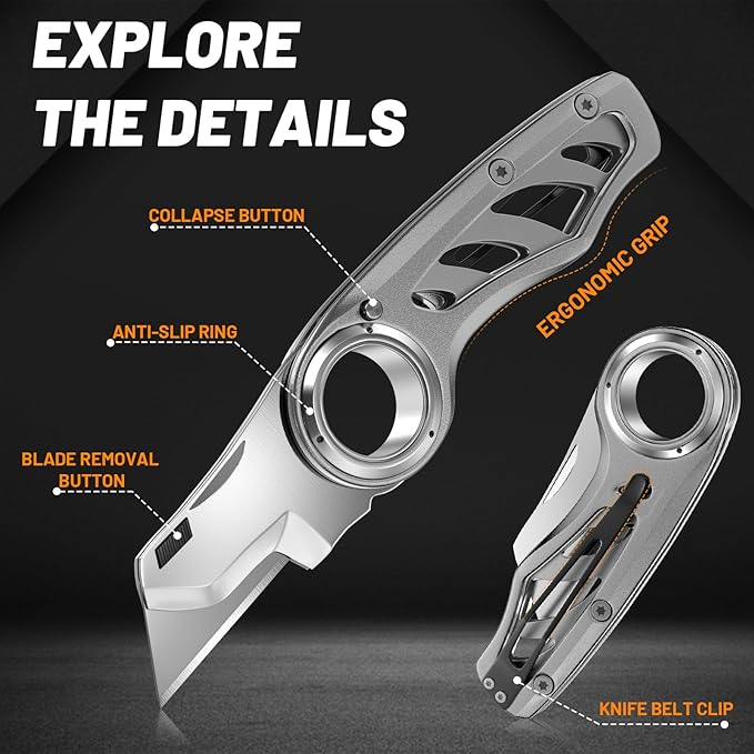 Folding Utility Knife Pocket Knife, Heavy-Duty Box Cutter with Aluminum Body, Quick-Change Blades, Anti Slip Finger Loop, Box Cutters for Home, Office, Warehouse, Durable Razor Knife, Box Knife - Grey