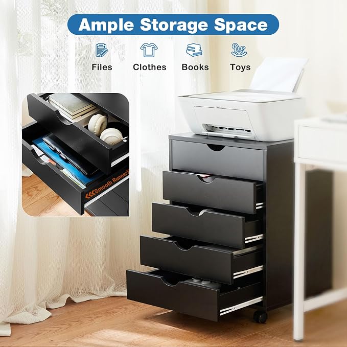 OLIXIS 5 Drawer File Cabinet with Wheels, Under Desk Storage Printer Stand | 15.75"D x 18.74"W x 25.39"H, Holds Printer, Office Supplies, Not For Hanging Files, For Home Office Study Use Balck