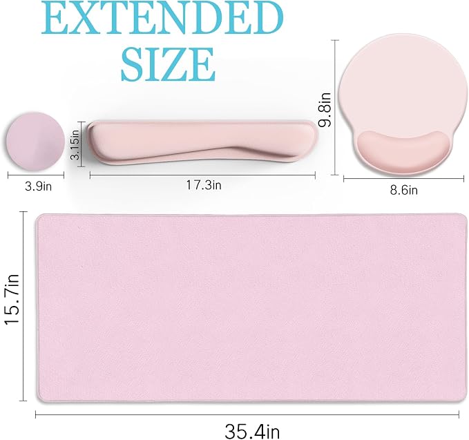 LIMKRIAN Pink Desk Mat Set, Mouse Pad with Wrist Rest & Keyboard Support | XXL Desk Pad, Ergonomic Gel Wrist Rest Mousepad, Memory Foam Keyboard Support, Coaster, Home Office Gaming Desk Accessories