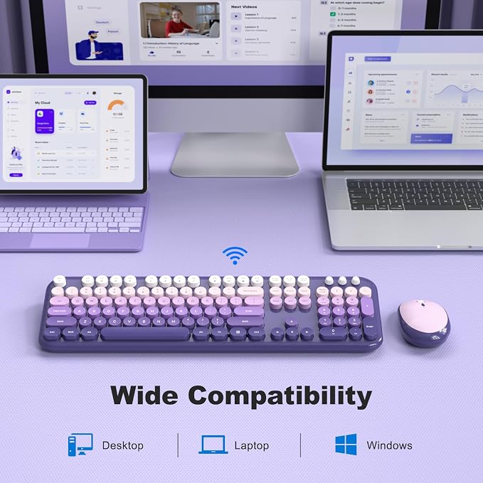MOFII Wireless Keyboard and Mouse Combo,2.4G Typewriter Keyboard Quiet Mice | Retro Full Size Computer Keyboards, Cute Mouse, USB Dongle Plug and Play, for PC,Laptop,Desktop,Windows (Purple Gradient)